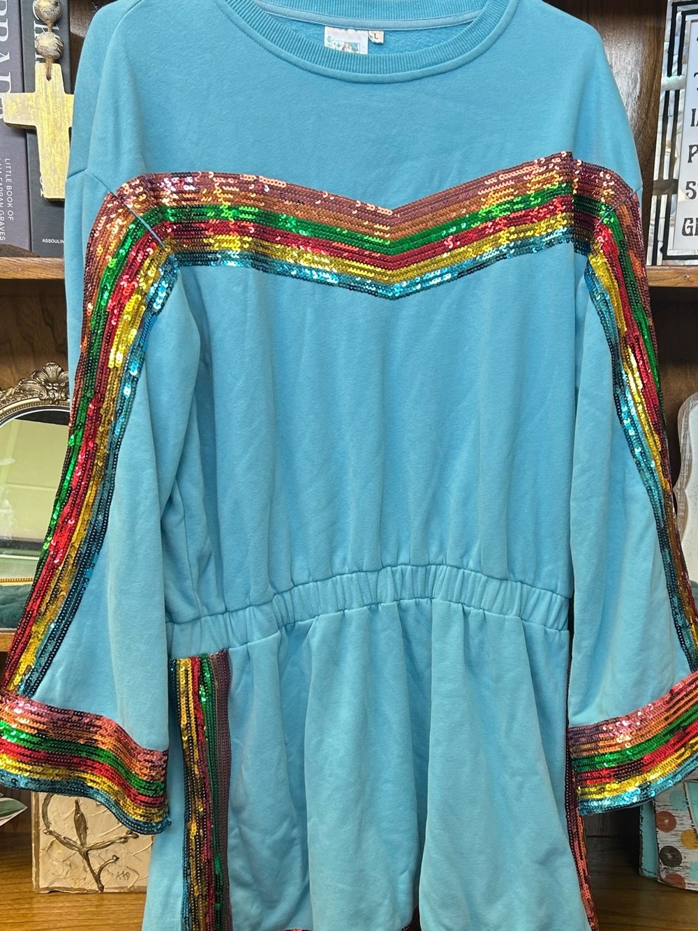 QUEEN OF SPARKLES Teal Dress with Multicolor Sequin Rainbow Trim